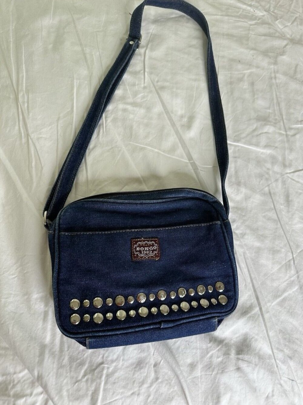 Vtg 1980s Bongo LOGO Denim Blue Studded Purse Bag Crossbody Grunge Indie cowgirl